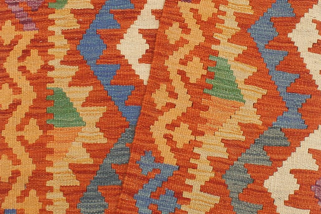 Flat Weave Kilim Antique Navaho Vintage handmade Geometric Kilim Rust Blue Hand-Woven Runner 100% Wool Area Rug 3x10 