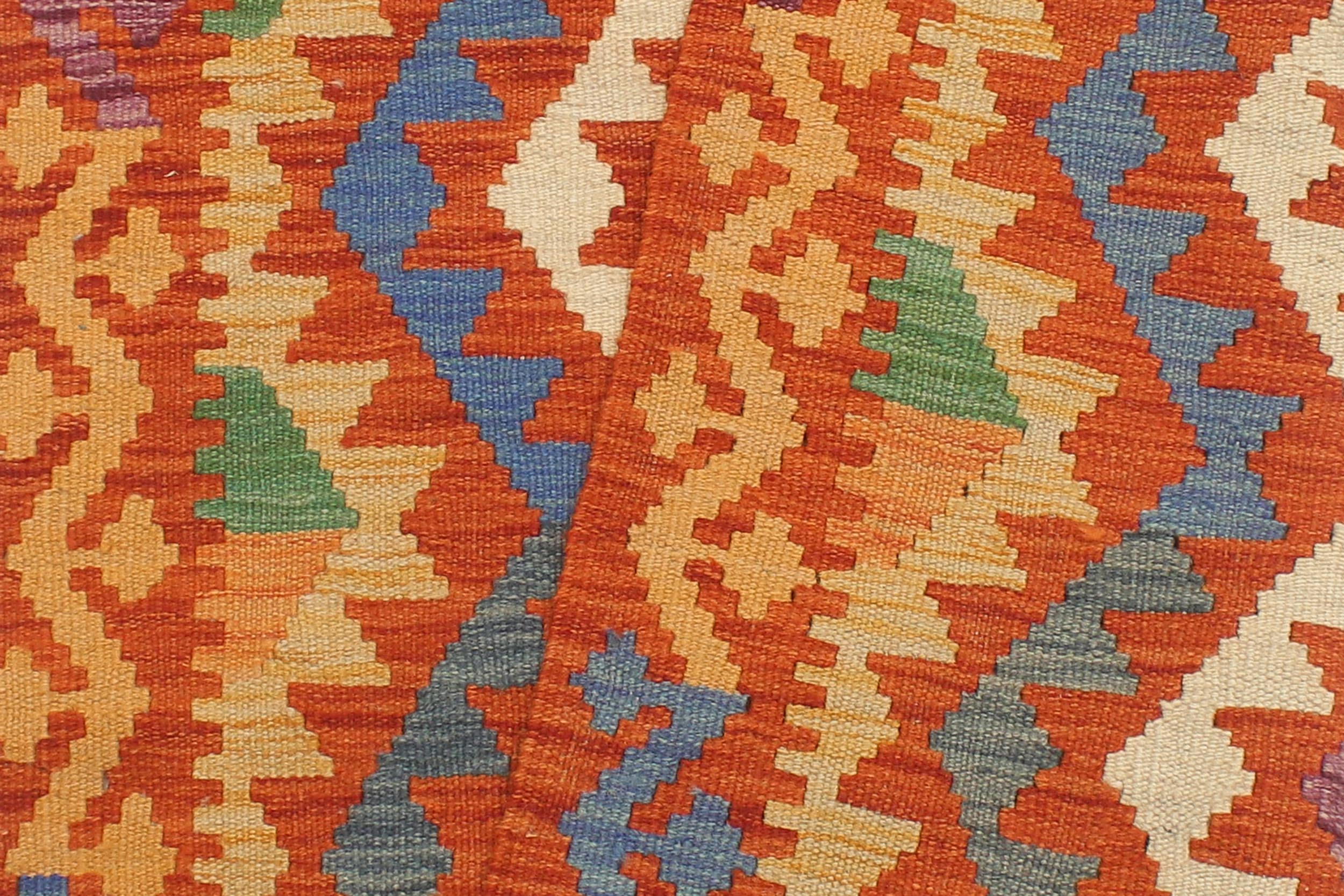 handmade Geometric Kilim Rust Blue Hand-Woven RUNNER 100% WOOL area rug 3' x 10'