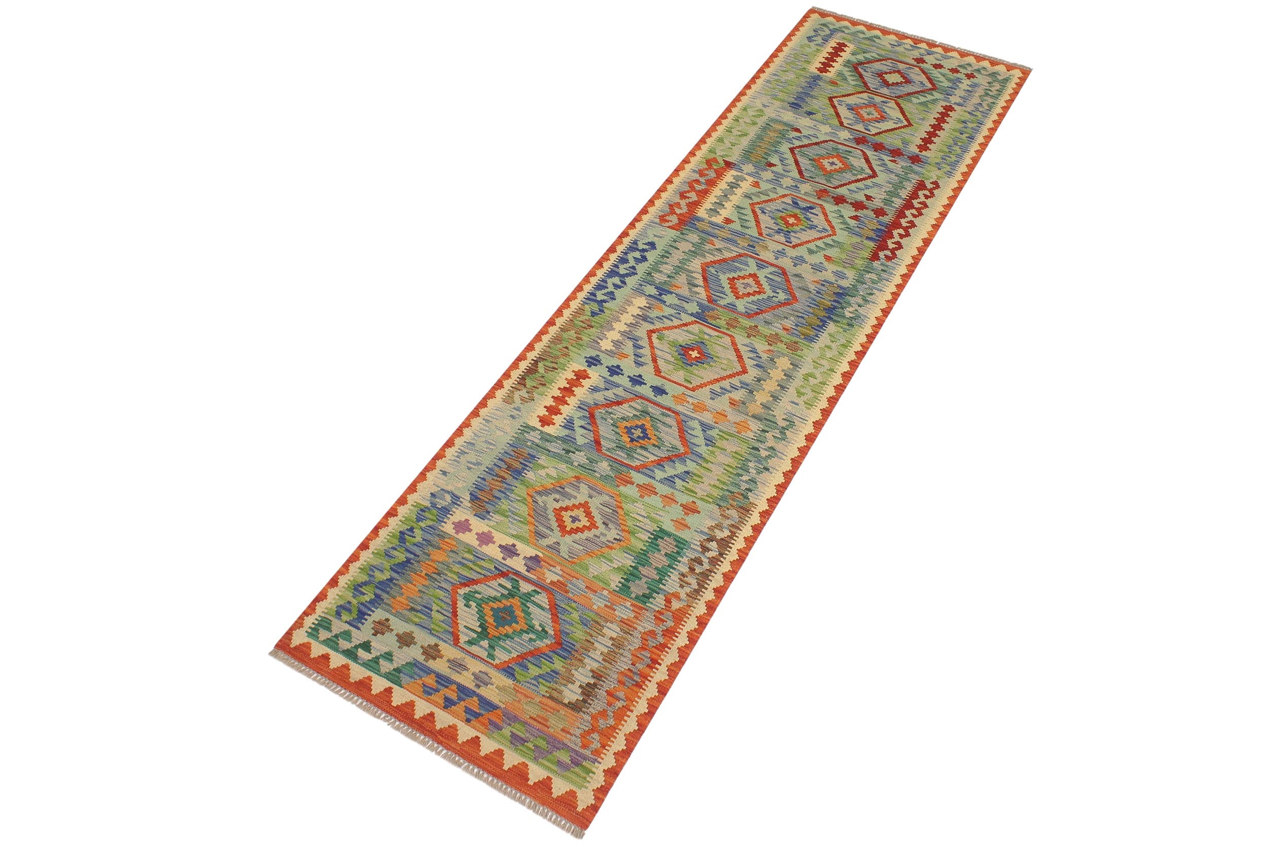 handmade Geometric Kilim Blue Rust Hand-Woven RUNNER 100% WOOL area rug 3' x 10'