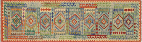 handmade Geometric Kilim Blue Rust Hand-Woven RUNNER 100% WOOL area rug 3' x 10'