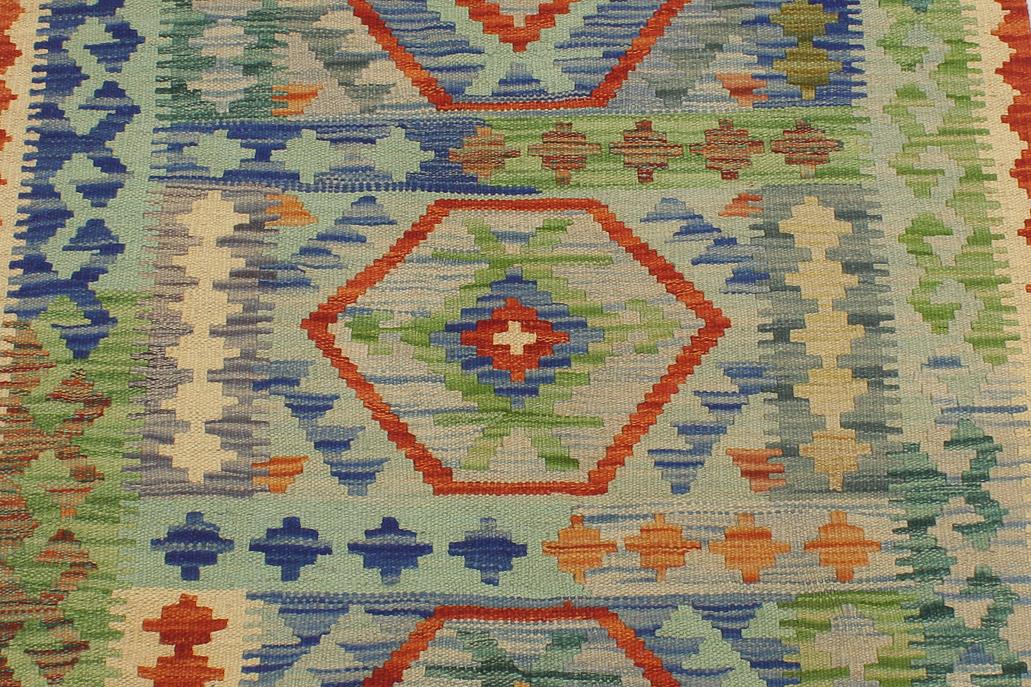 Flat Weave Kilim Antique Navaho Vintage handmade Geometric Kilim Blue Rust Hand-Woven Runner 100% Wool Area Rug 3x10 