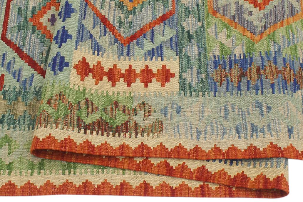 Flat Weave Kilim Antique Navaho Vintage handmade Geometric Kilim Blue Rust Hand-Woven Runner 100% Wool Area Rug 3x10 