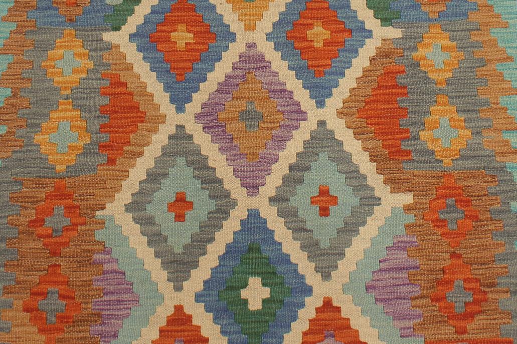 Flat Weave Kilim Antique Navaho Vintage handmade Geometric Kilim Beige Blue Hand-Woven Runner 100% Wool Area Rug 3x10 