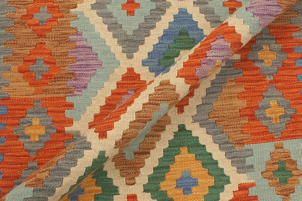 Flat Weave Kilim Antique Navaho Vintage handmade Geometric Kilim Beige Blue Hand-Woven Runner 100% Wool Area Rug 3x10 