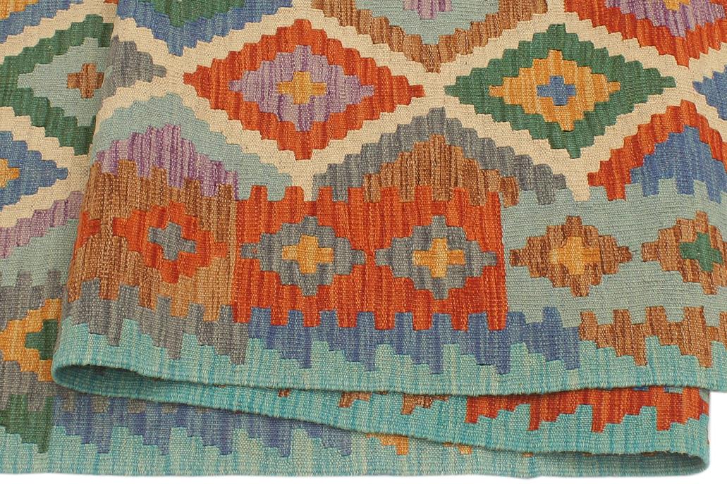 Flat Weave Kilim Antique Navaho Vintage handmade Geometric Kilim Beige Blue Hand-Woven Runner 100% Wool Area Rug 3x10 