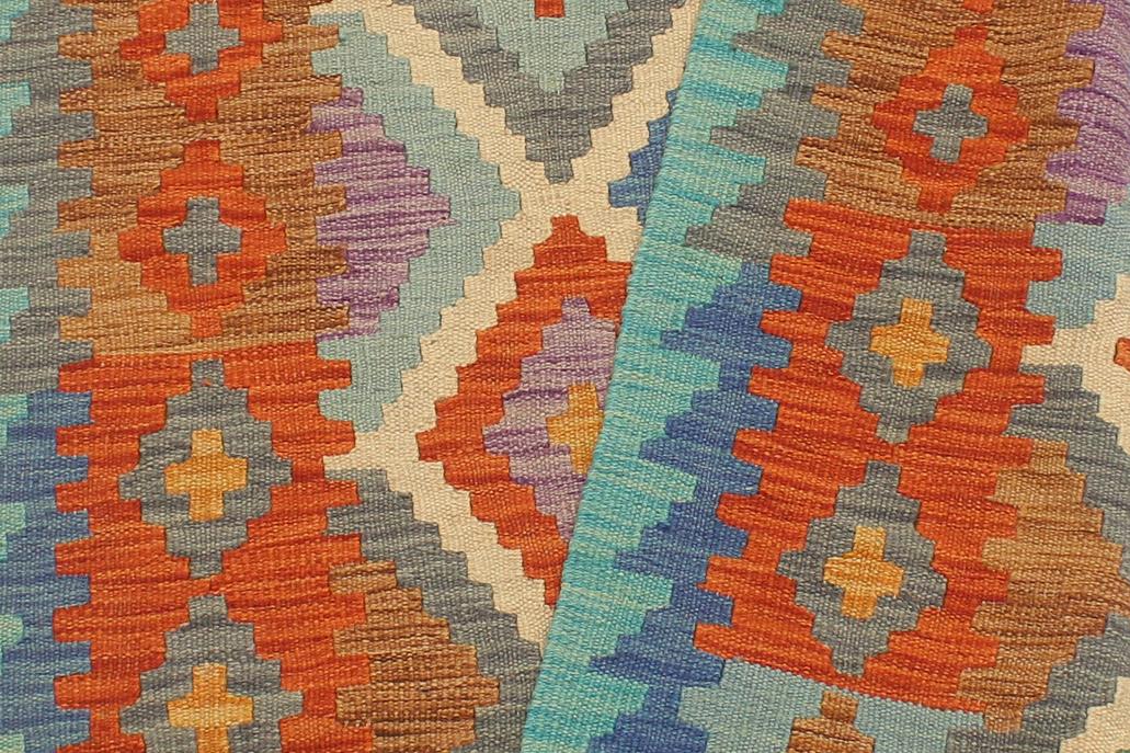 Flat Weave Kilim Antique Navaho Vintage handmade Geometric Kilim Beige Blue Hand-Woven Runner 100% Wool Area Rug 3x10 