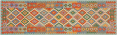 Flat Weave Kilim Antique Navaho Vintage handmade Geometric Kilim Beige Blue Hand-Woven Runner 100% Wool Area Rug 3x10 