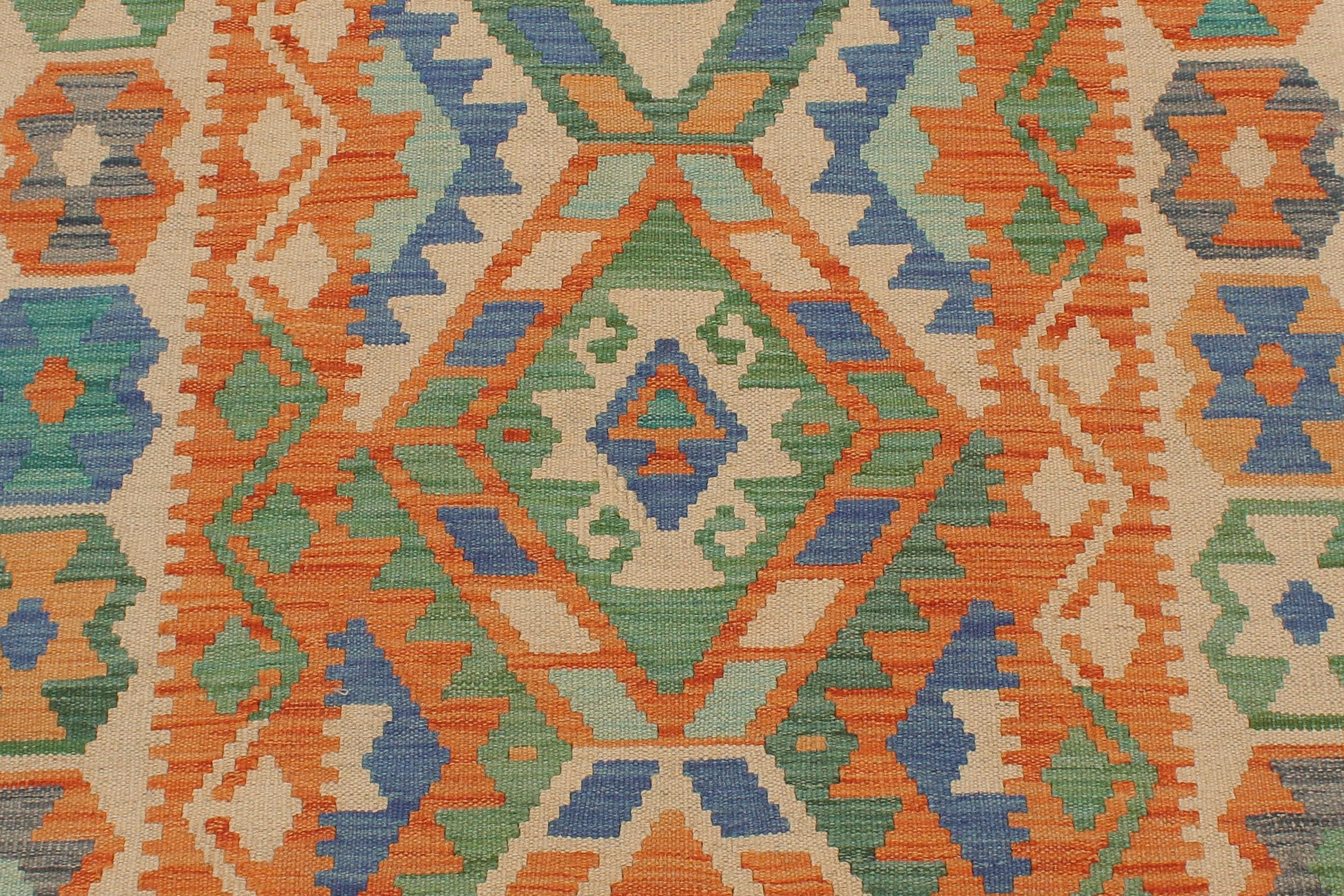 handmade Geometric Kilim Blue Beige Hand-Woven RUNNER 100% WOOL area rug 3' x 13'