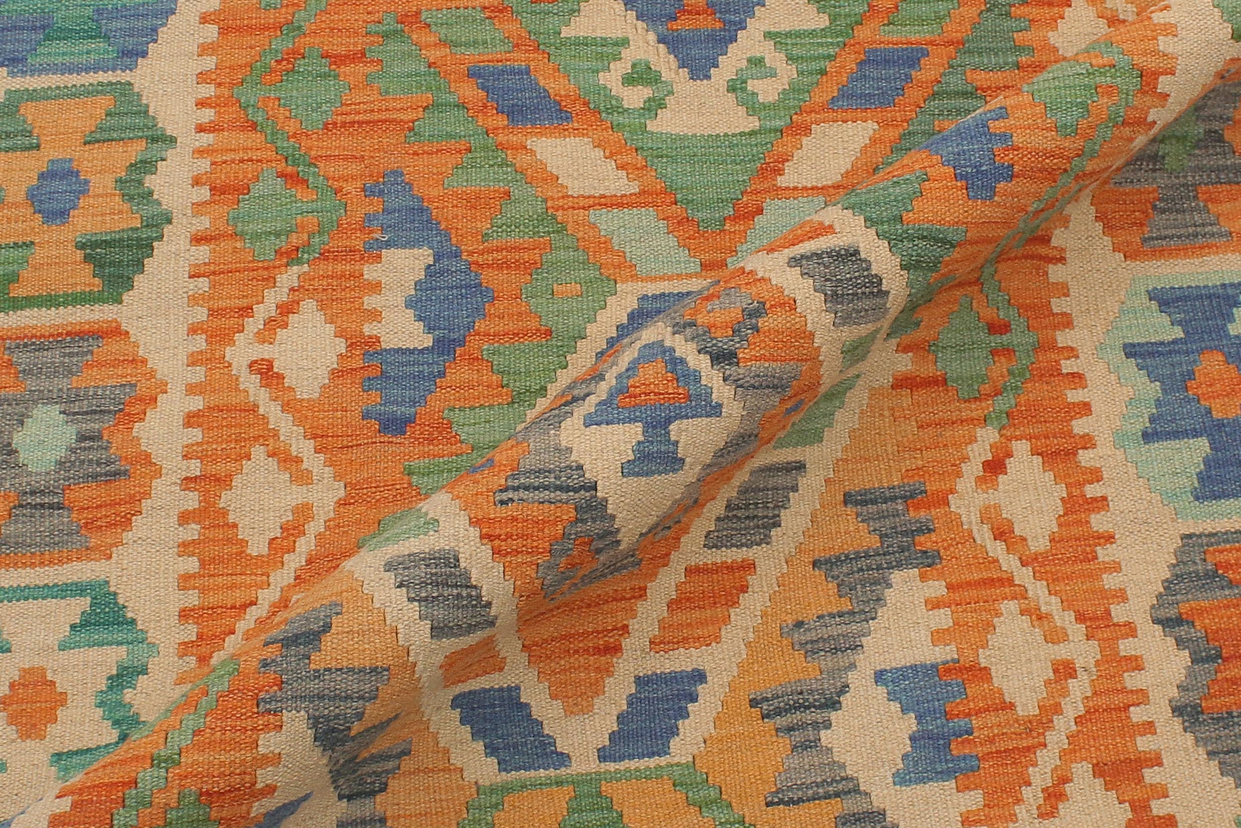 handmade Geometric Kilim Blue Beige Hand-Woven RUNNER 100% WOOL area rug 3' x 13'
