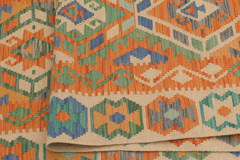 handmade Geometric Kilim Blue Beige Hand-Woven RUNNER 100% WOOL area rug 3' x 13'