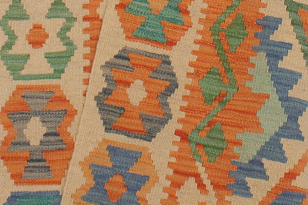 Flat Weave Kilim Antique Navaho Vintage handmade Geometric Kilim Blue Beige Hand-Woven Runner 100% Wool Area Rug 3x13 