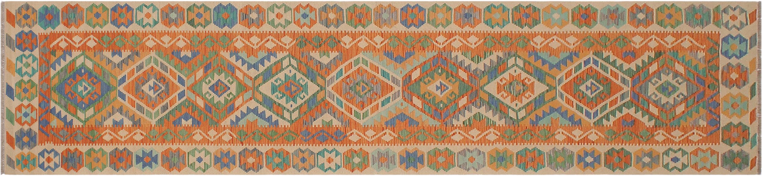 handmade Geometric Kilim Blue Beige Hand-Woven RUNNER 100% WOOL area rug 3' x 13'
