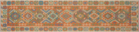 handmade Geometric Kilim Blue Beige Hand-Woven RUNNER 100% WOOL area rug 3' x 13'