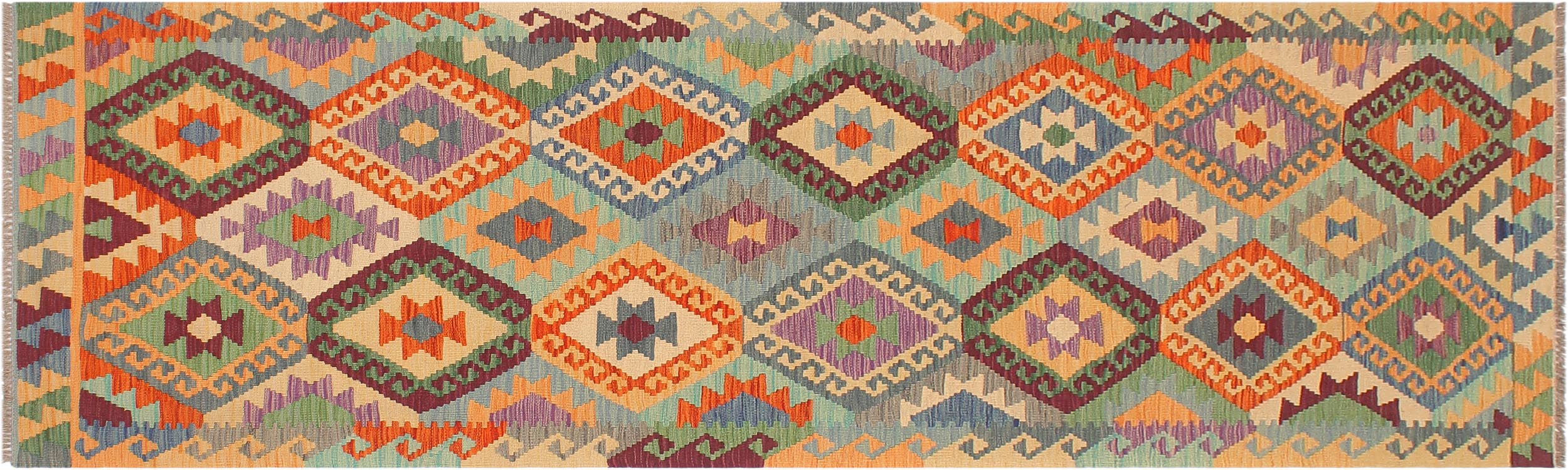 handmade Geometric Kilim Blue Rust Hand-Woven RUNNER 100% WOOL area rug 3 x 10