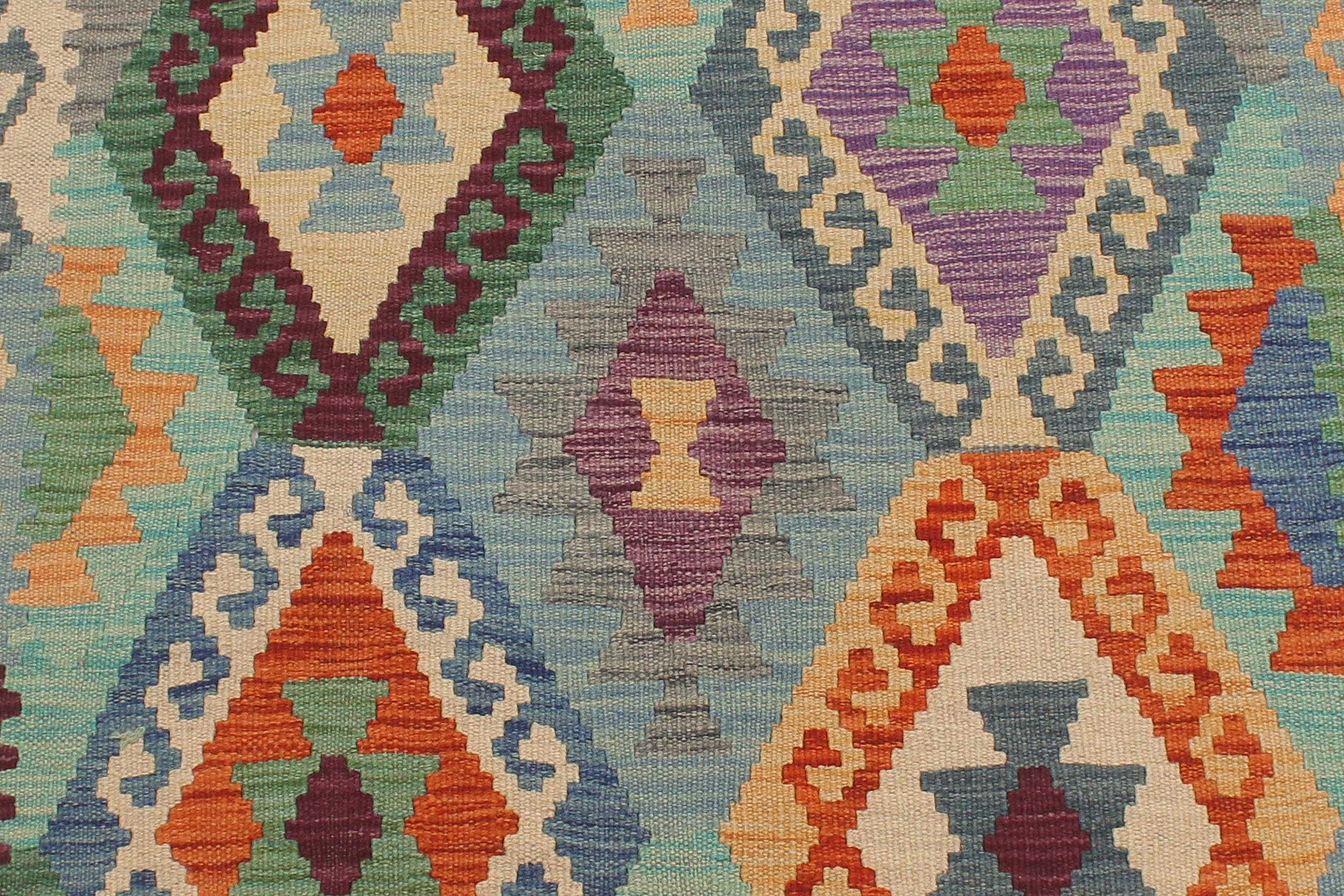 handmade Geometric Kilim Blue Rust Hand-Woven RUNNER 100% WOOL area rug 3 x 10