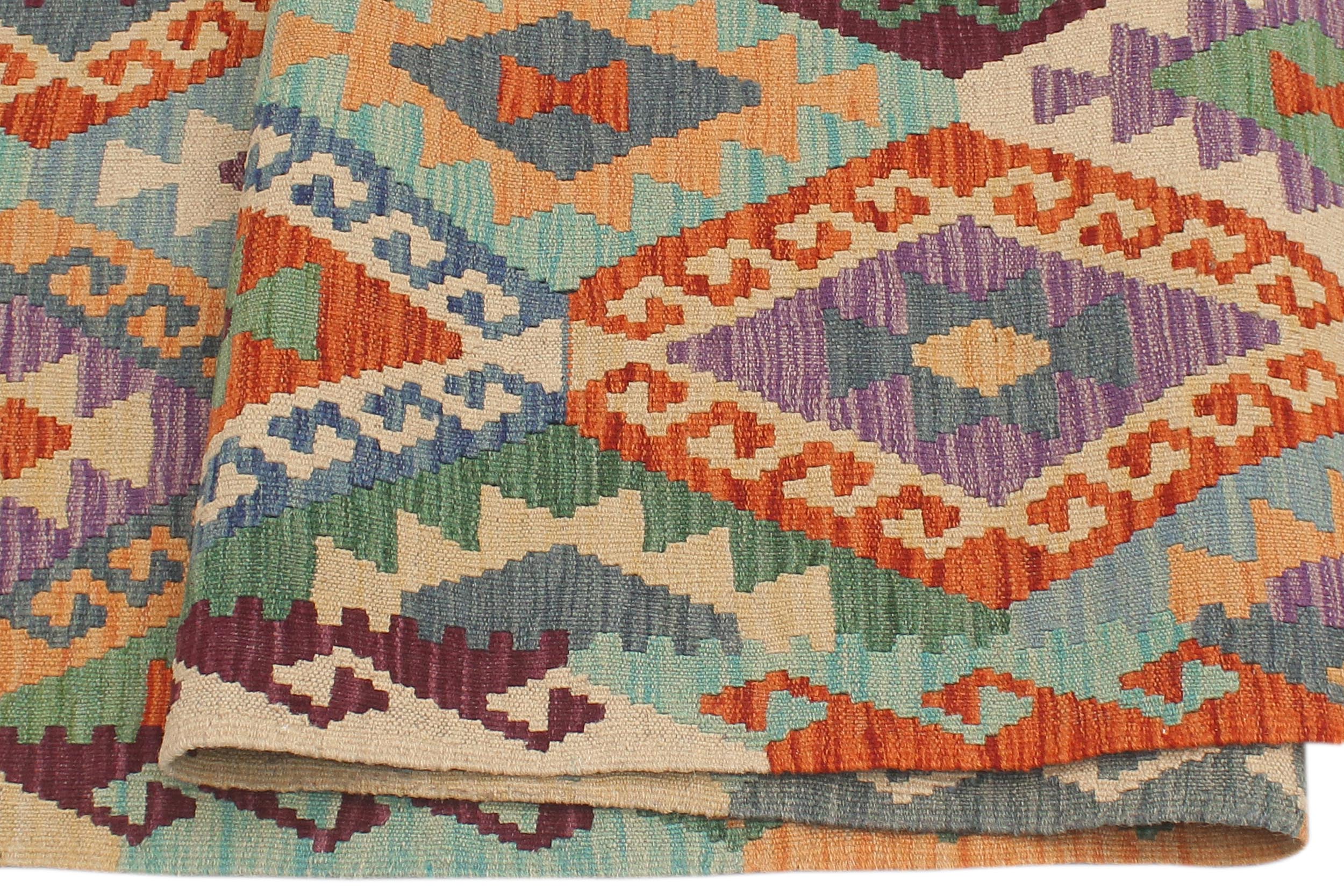 handmade Geometric Kilim Blue Rust Hand-Woven RUNNER 100% WOOL area rug 3 x 10