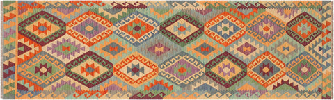 handmade Geometric Kilim Blue Rust Hand-Woven RUNNER 100% WOOL area rug 3 x 10