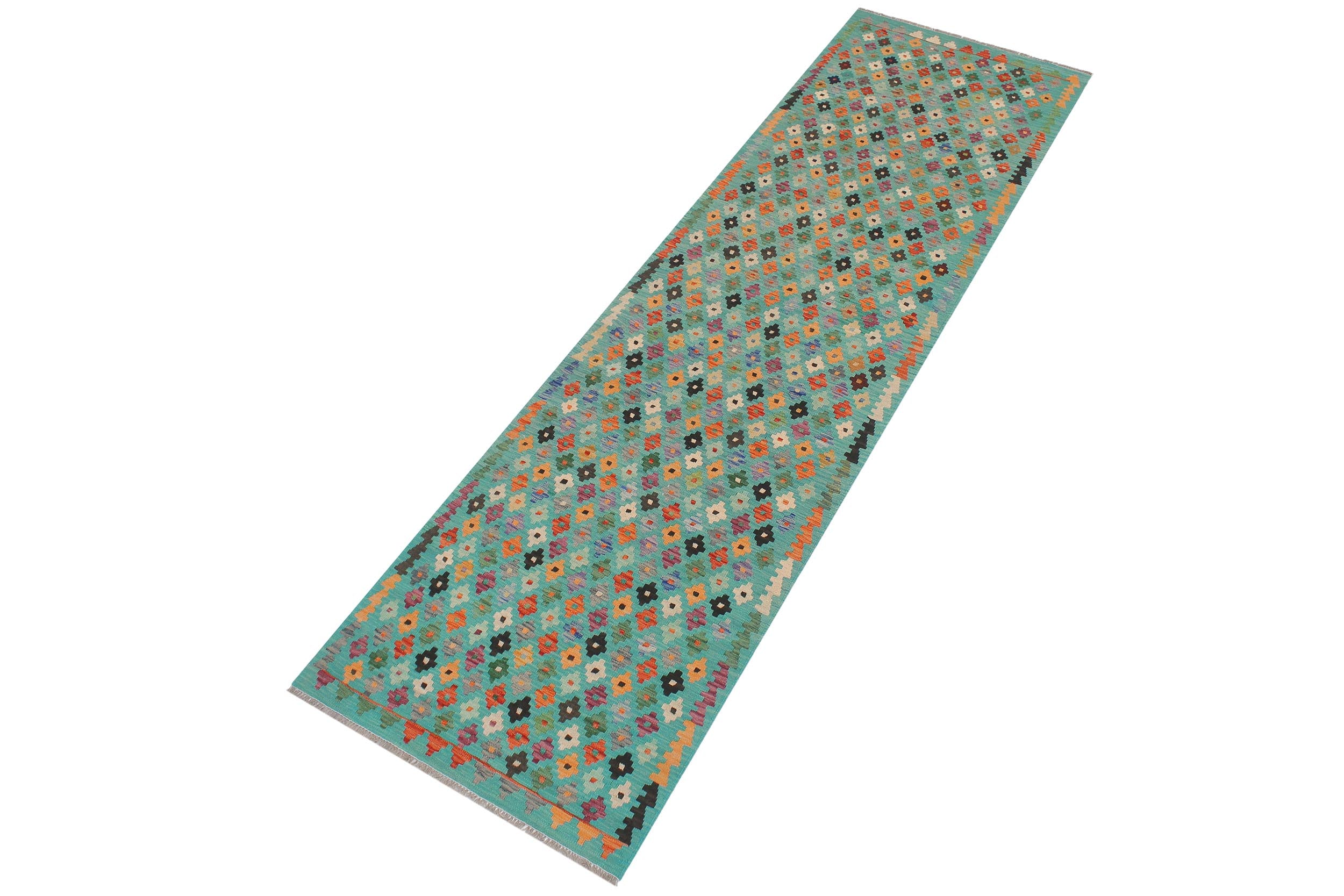handmade Modern Kilim Blue Rust Hand-Woven RUNNER 100% WOOL area rug 3x10