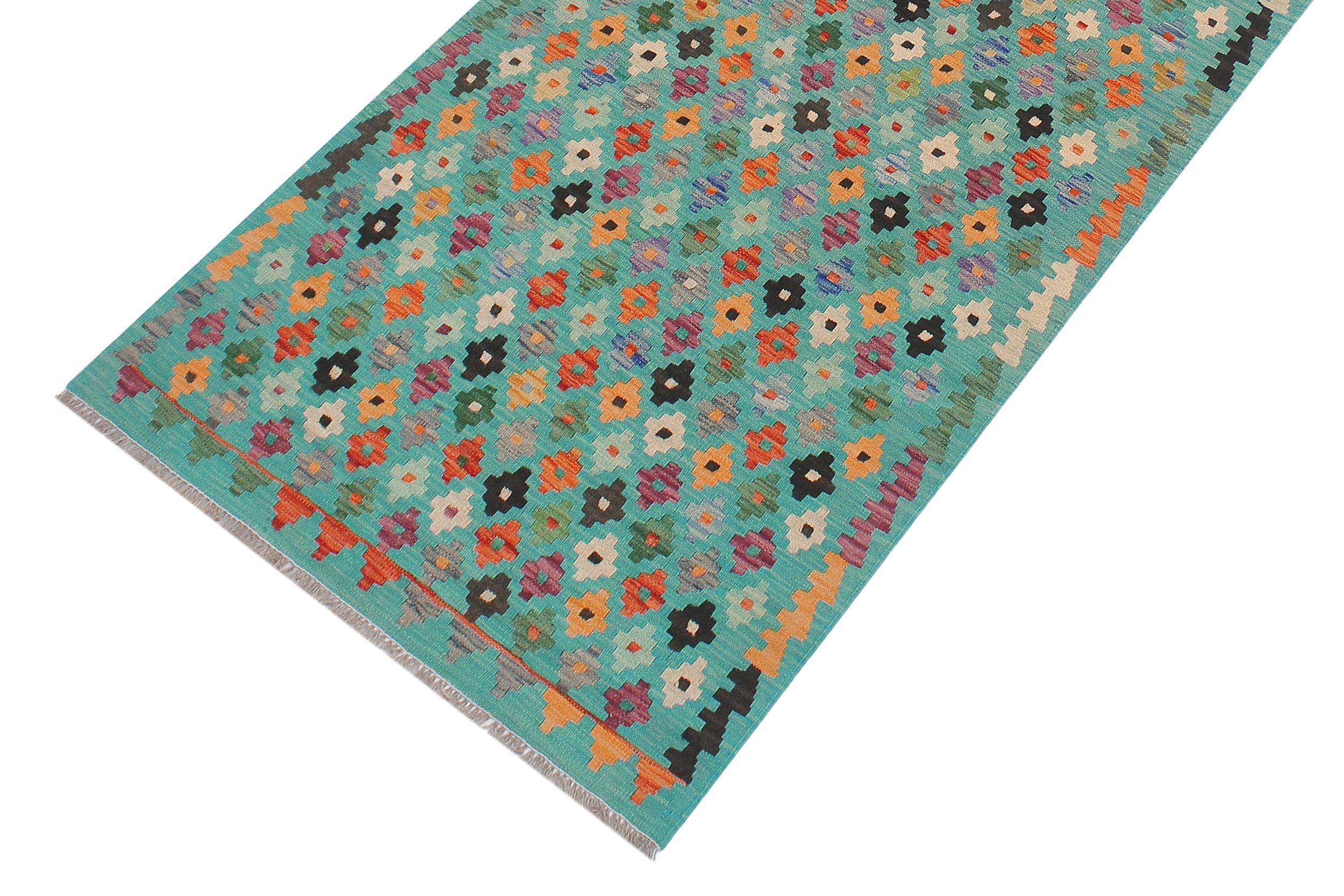handmade Modern Kilim Blue Rust Hand-Woven RUNNER 100% WOOL area rug 3x10