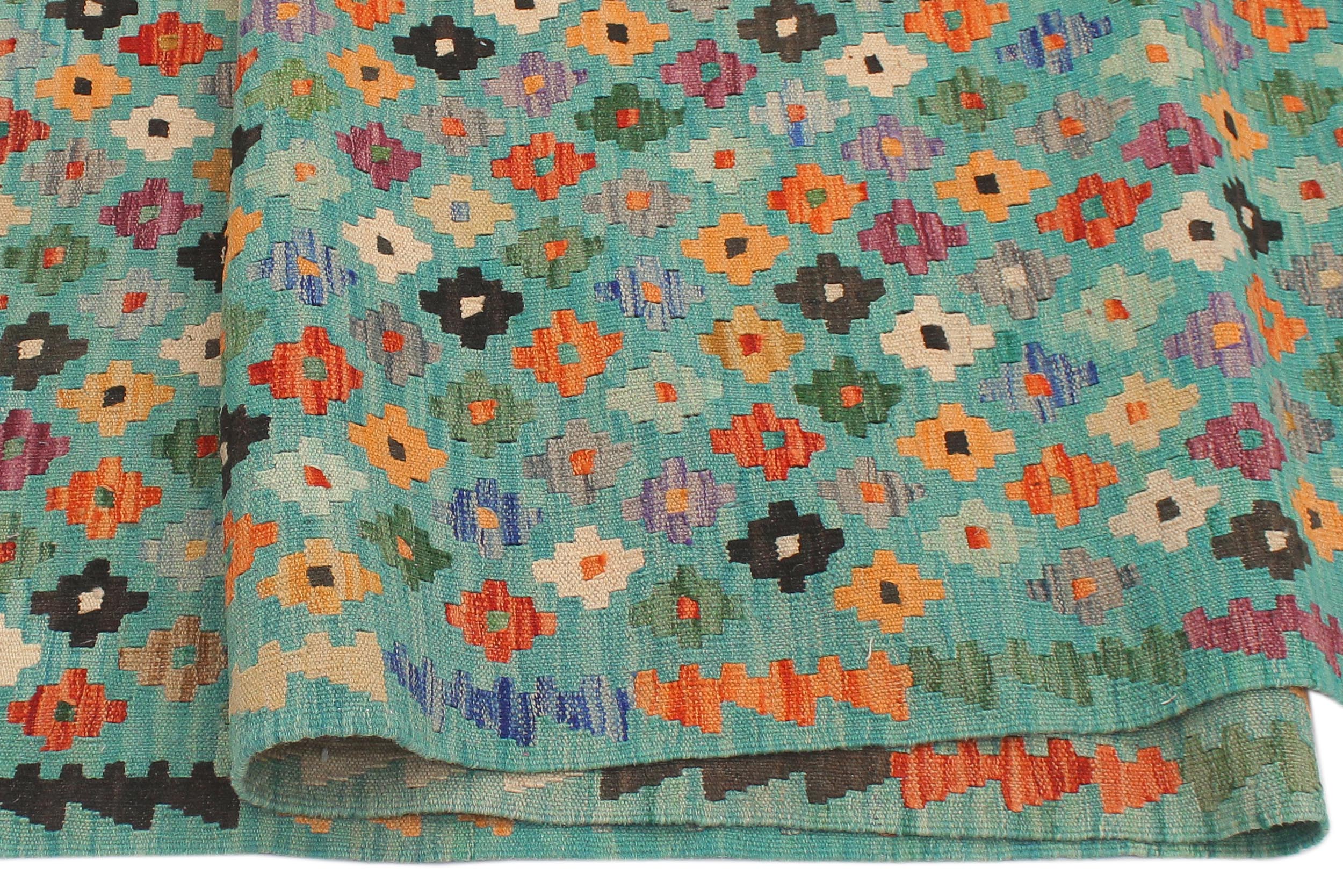 handmade Modern Kilim Blue Rust Hand-Woven RUNNER 100% WOOL area rug 3x10