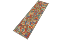 Flat Weave Kilim Antique Navaho Vintage handmade Geometric Kilim Rust Gray Hand-Woven Runner 100% Wool Area Rug 3x10 