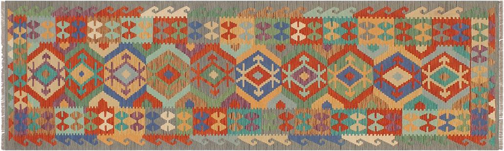 Flat Weave Kilim Antique Navaho Vintage handmade Geometric Kilim Rust Gray Hand-Woven Runner 100% Wool Area Rug 3x10 