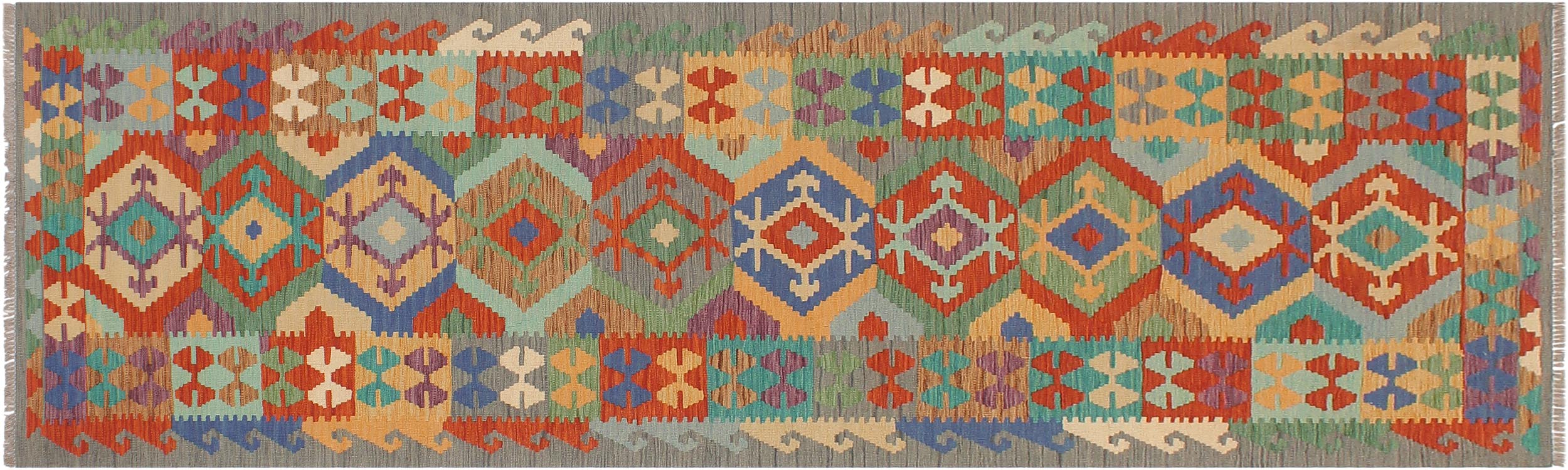 handmade Geometric Kilim Rust Gray Hand-Woven RUNNER 100% WOOL area rug 3' x 10'