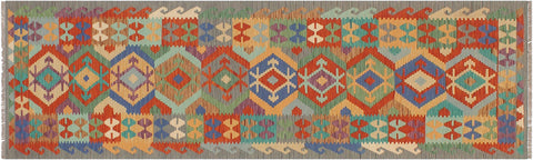 handmade Geometric Kilim Rust Gray Hand-Woven RUNNER 100% WOOL area rug 3' x 10'