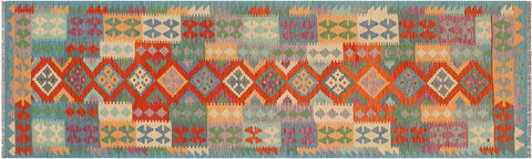 handmade Geometric Kilim Rust Blue Hand-Woven RUNNER 100% WOOL area rug 3' x 10'
