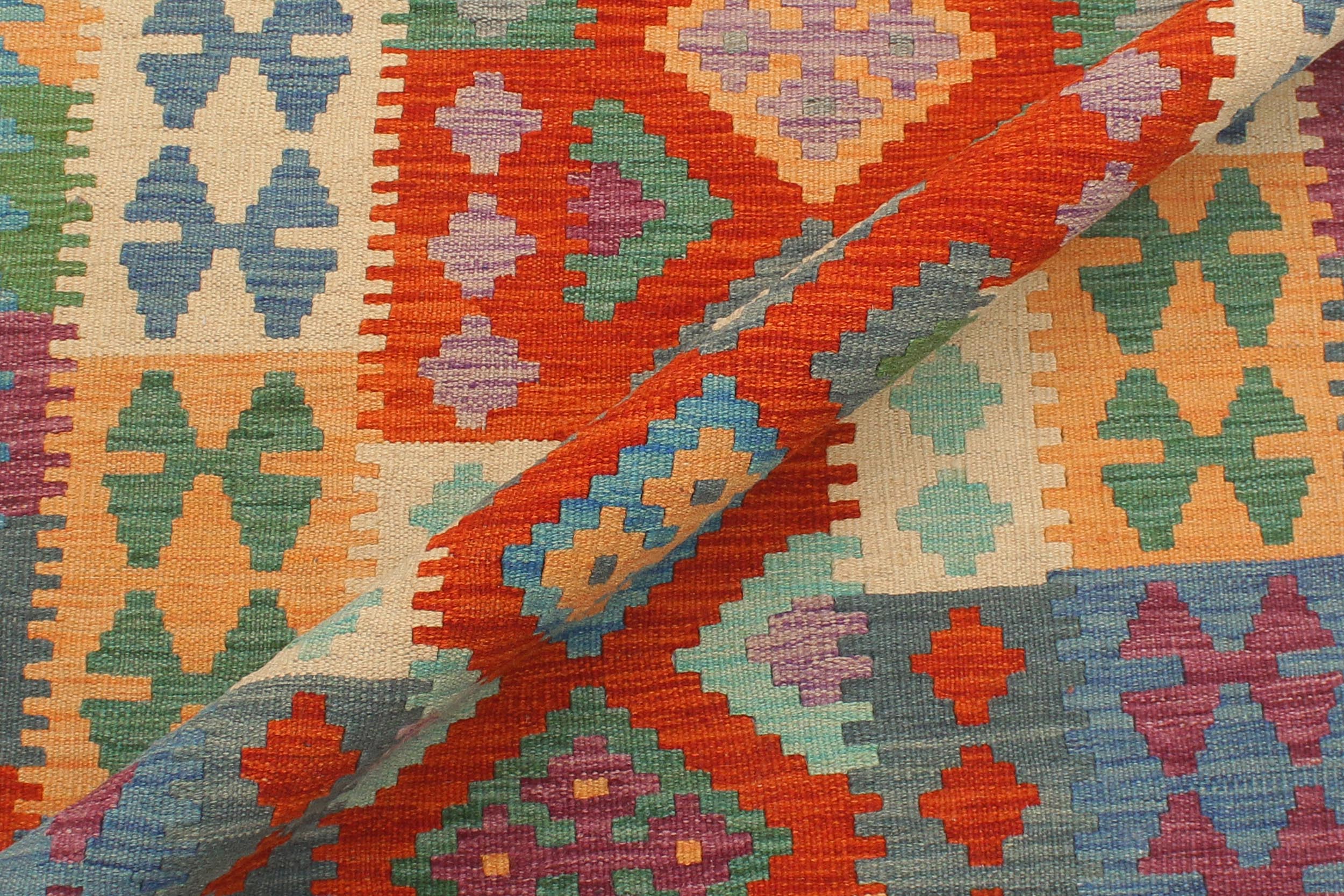 handmade Geometric Kilim Rust Blue Hand-Woven RUNNER 100% WOOL area rug 3' x 10'