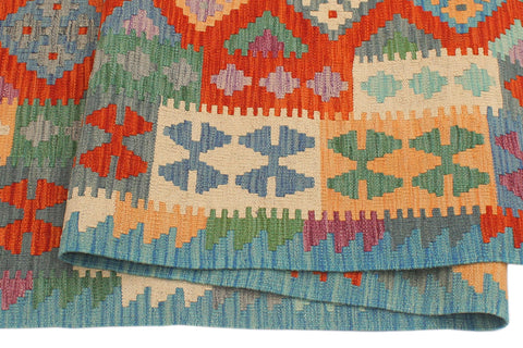 handmade Geometric Kilim Rust Blue Hand-Woven RUNNER 100% WOOL area rug 3' x 10'