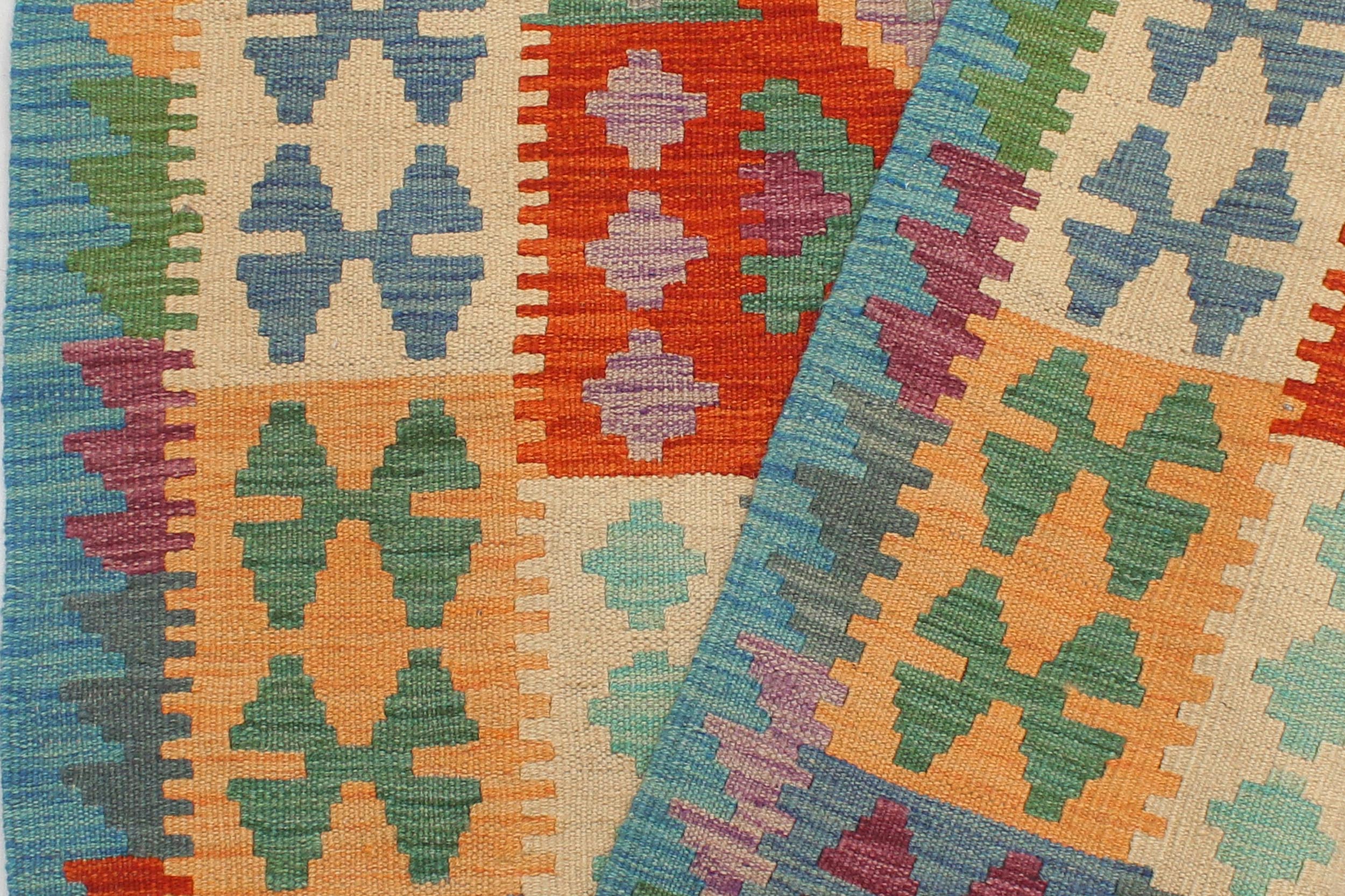 handmade Geometric Kilim Rust Blue Hand-Woven RUNNER 100% WOOL area rug 3' x 10'
