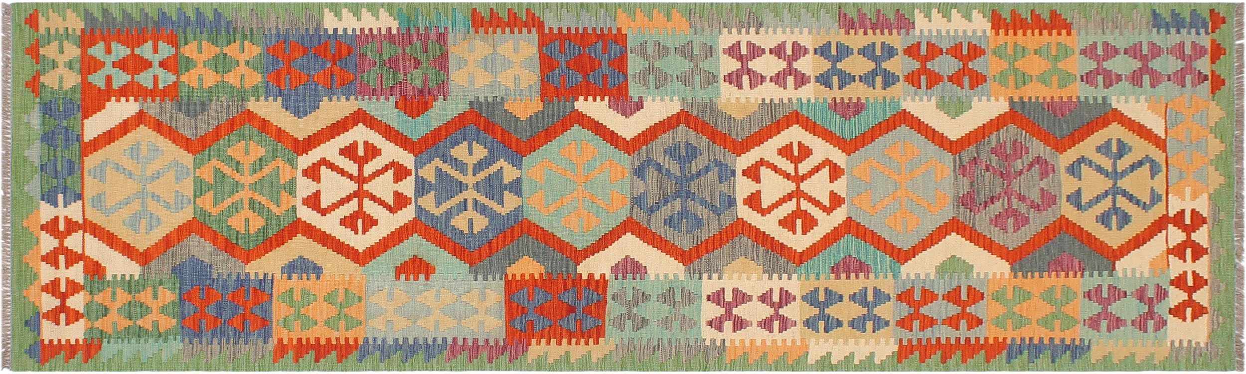 handmade Geometric Kilim Gray Green Hand-Woven RUNNER 100% WOOL area rug 3' x 10'