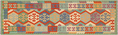 handmade Geometric Kilim Gray Green Hand-Woven RUNNER 100% WOOL area rug 3' x 10'