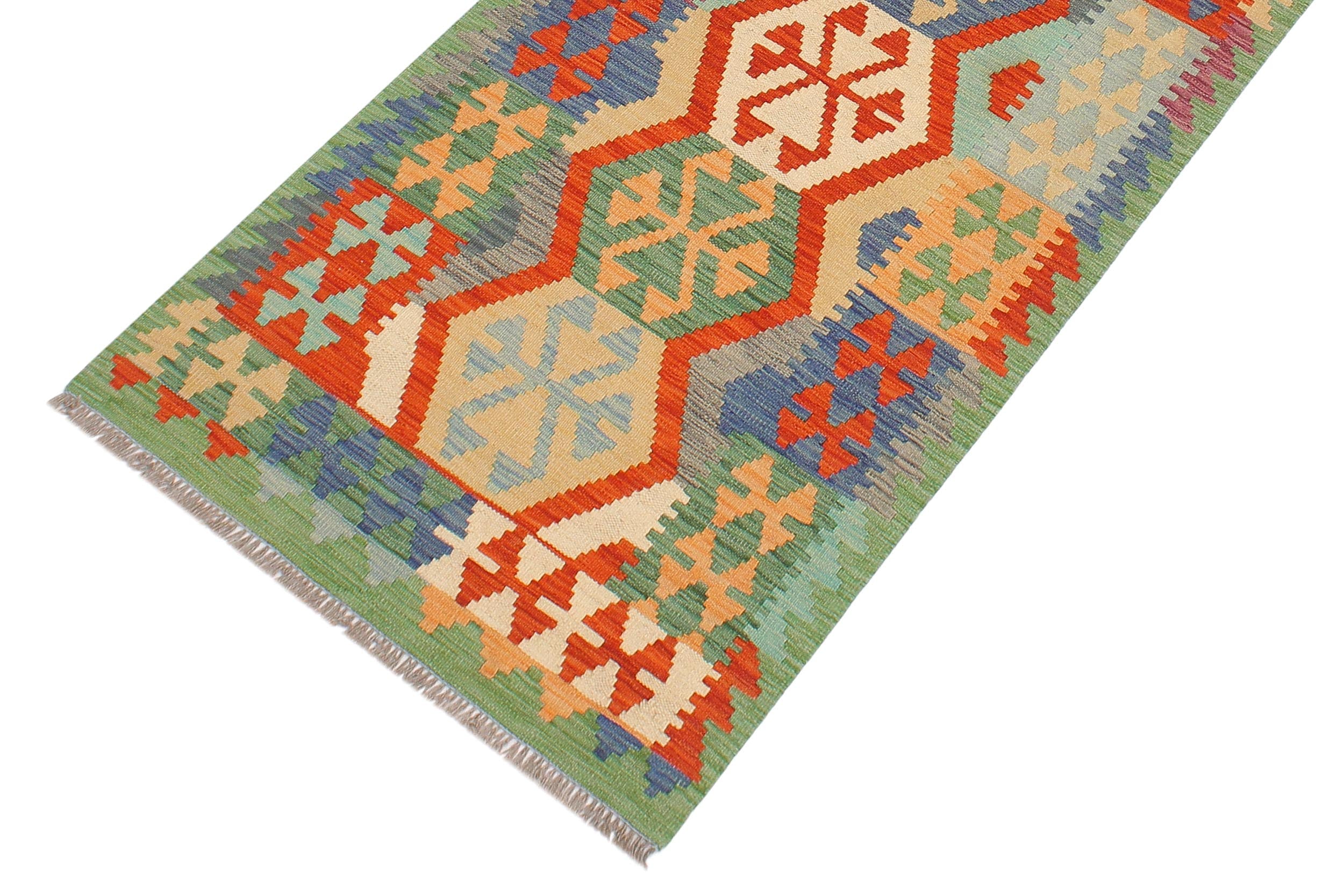 handmade Geometric Kilim Gray Green Hand-Woven RUNNER 100% WOOL area rug 3' x 10'