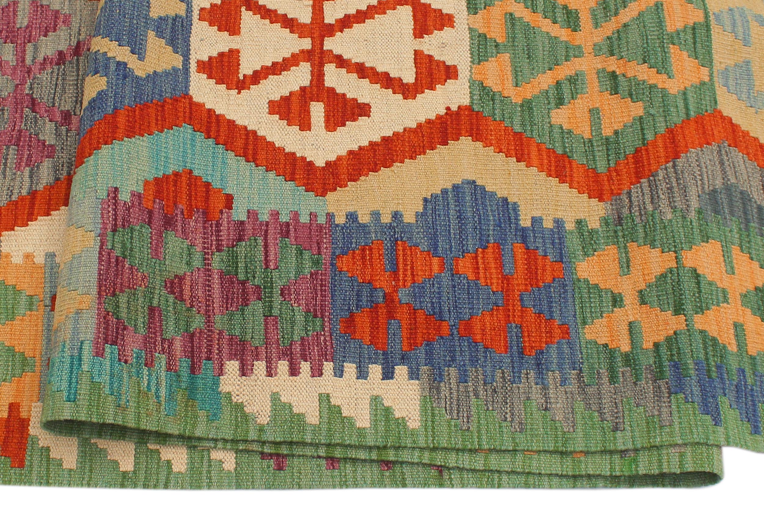 handmade Geometric Kilim Gray Green Hand-Woven RUNNER 100% WOOL area rug 3' x 10'