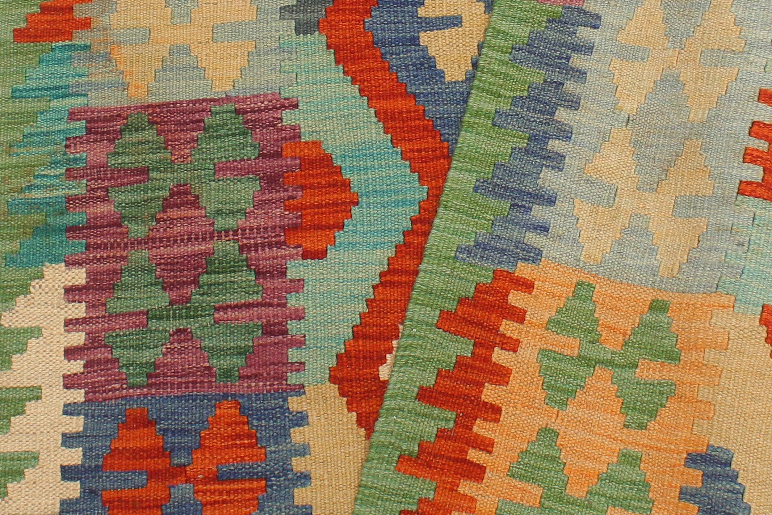 handmade Geometric Kilim Gray Green Hand-Woven RUNNER 100% WOOL area rug 3' x 10'