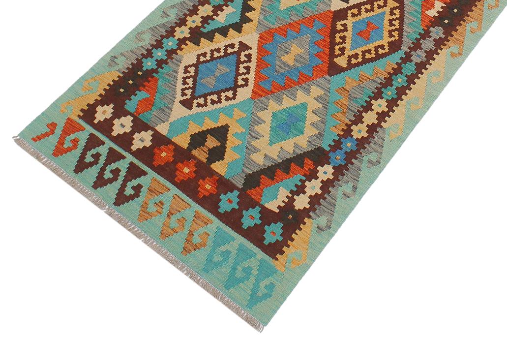 Flat Weave Kilim Antique Navaho Vintage handmade Geometric Kilim Blue Rust Hand-Woven Runner 100% Wool Area Rug 3x9 