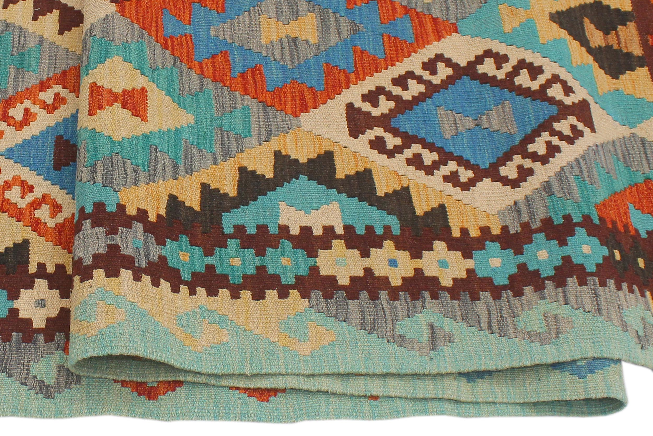 handmade Geometric Kilim Blue Rust Hand-Woven RUNNER 100% WOOL area rug 3 x 9