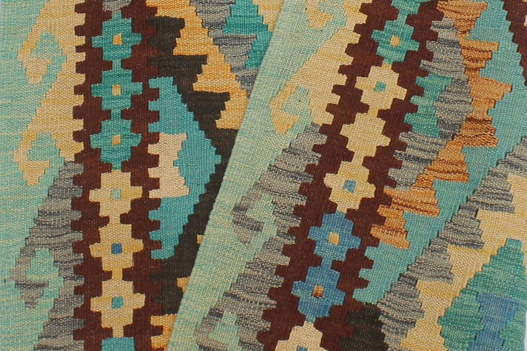 Flat Weave Kilim Antique Navaho Vintage handmade Geometric Kilim Blue Rust Hand-Woven Runner 100% Wool Area Rug 3x9 