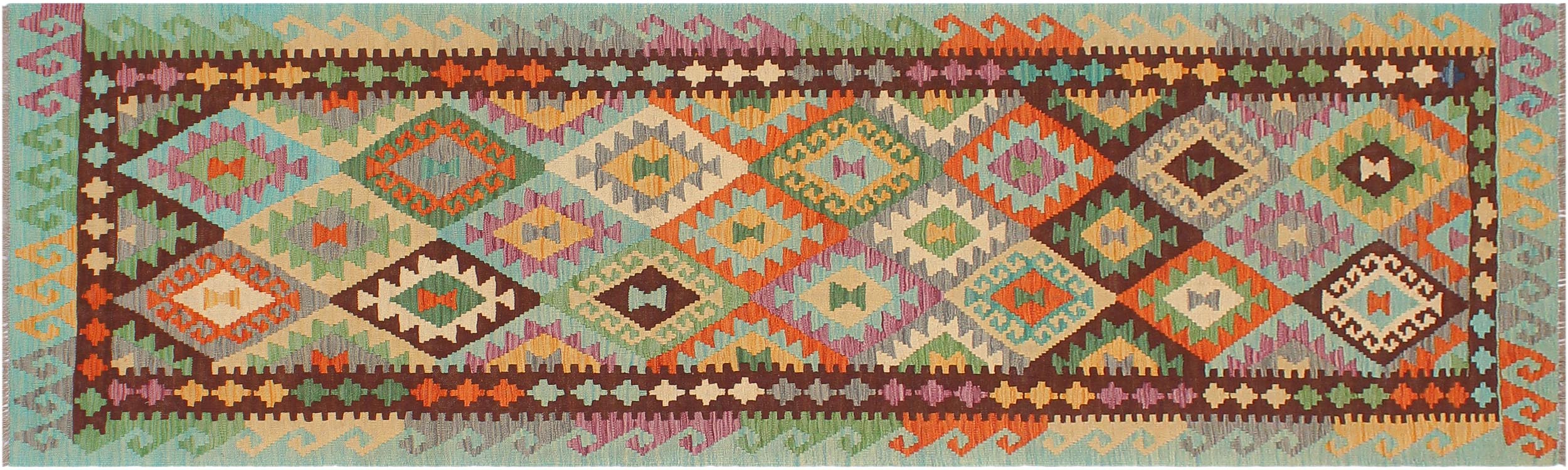 handmade Geometric Kilim Blue Rust Hand-Woven RUNNER 100% WOOL area rug 3 x 10