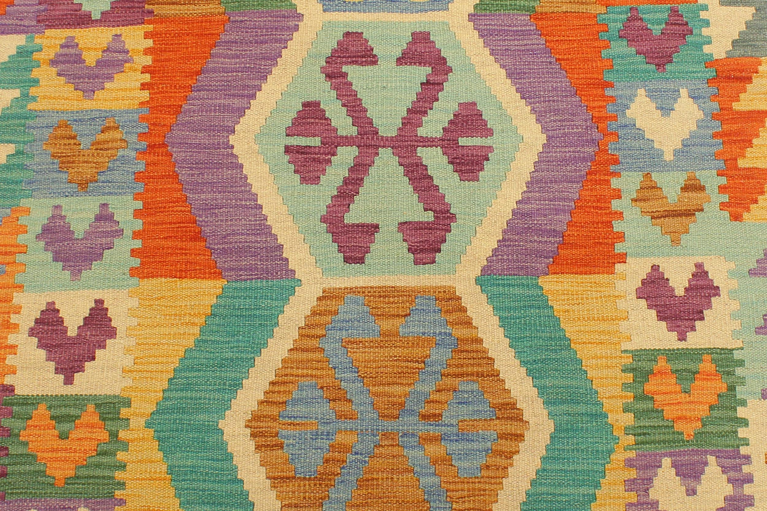 handmade Geometric Kilim Blue Rust Hand-Woven RUNNER 100% WOOL area rug 3' x 10'