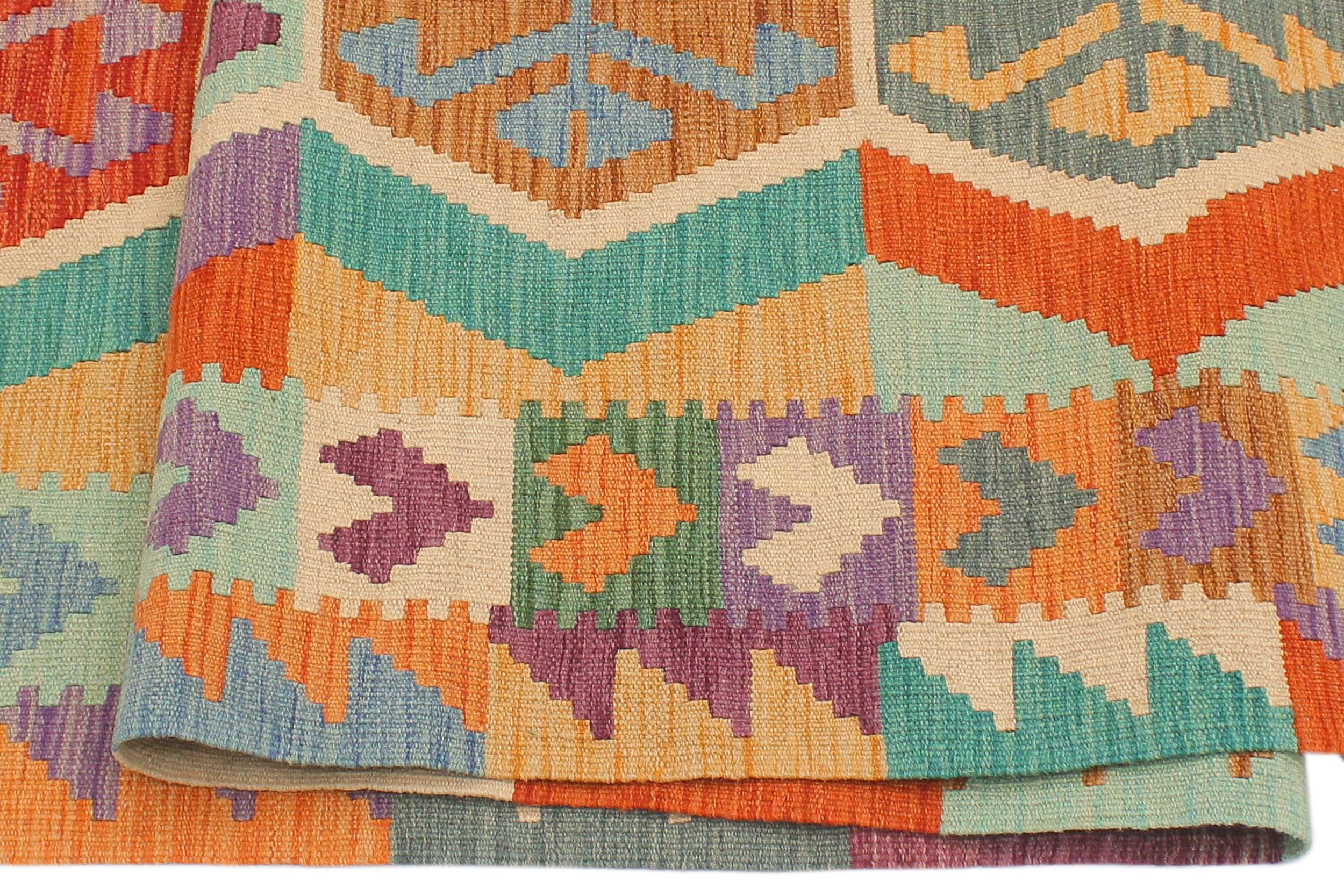 handmade Geometric Kilim Blue Rust Hand-Woven RUNNER 100% WOOL area rug 3' x 10'
