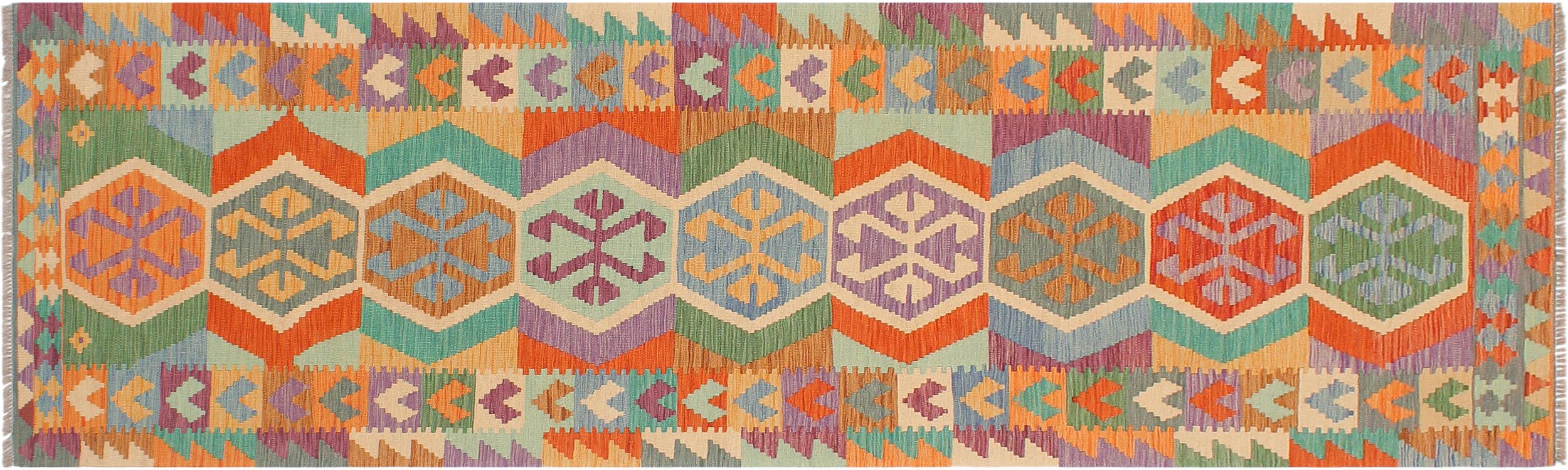 handmade Geometric Kilim Blue Rust Hand-Woven RUNNER 100% WOOL area rug 3' x 10'