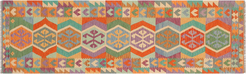 handmade Geometric Kilim Blue Rust Hand-Woven RUNNER 100% WOOL area rug 3' x 10'