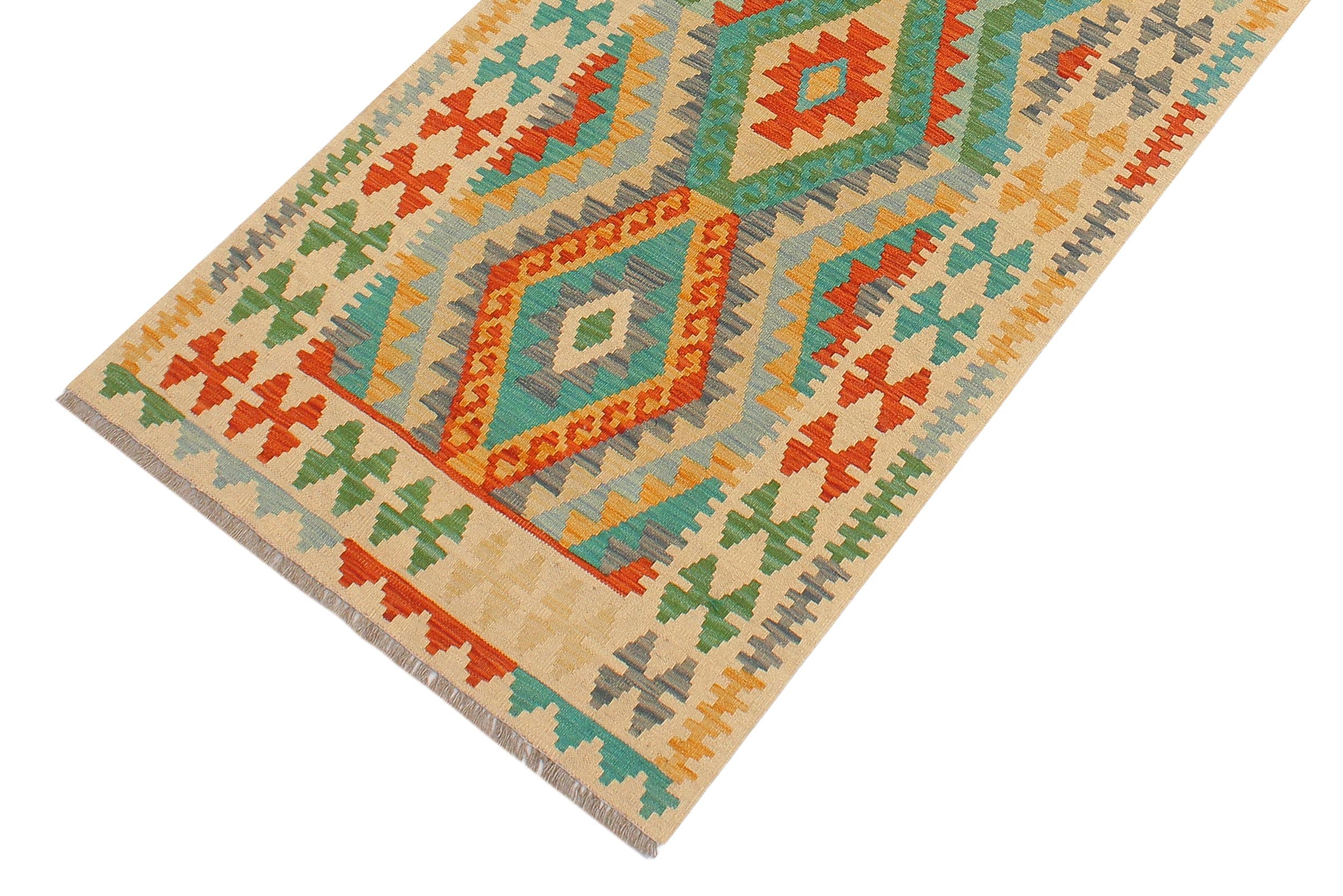 handmade Geometric Kilim Blue Beige Hand-Woven RUNNER 100% WOOL area rug 3' x 10'