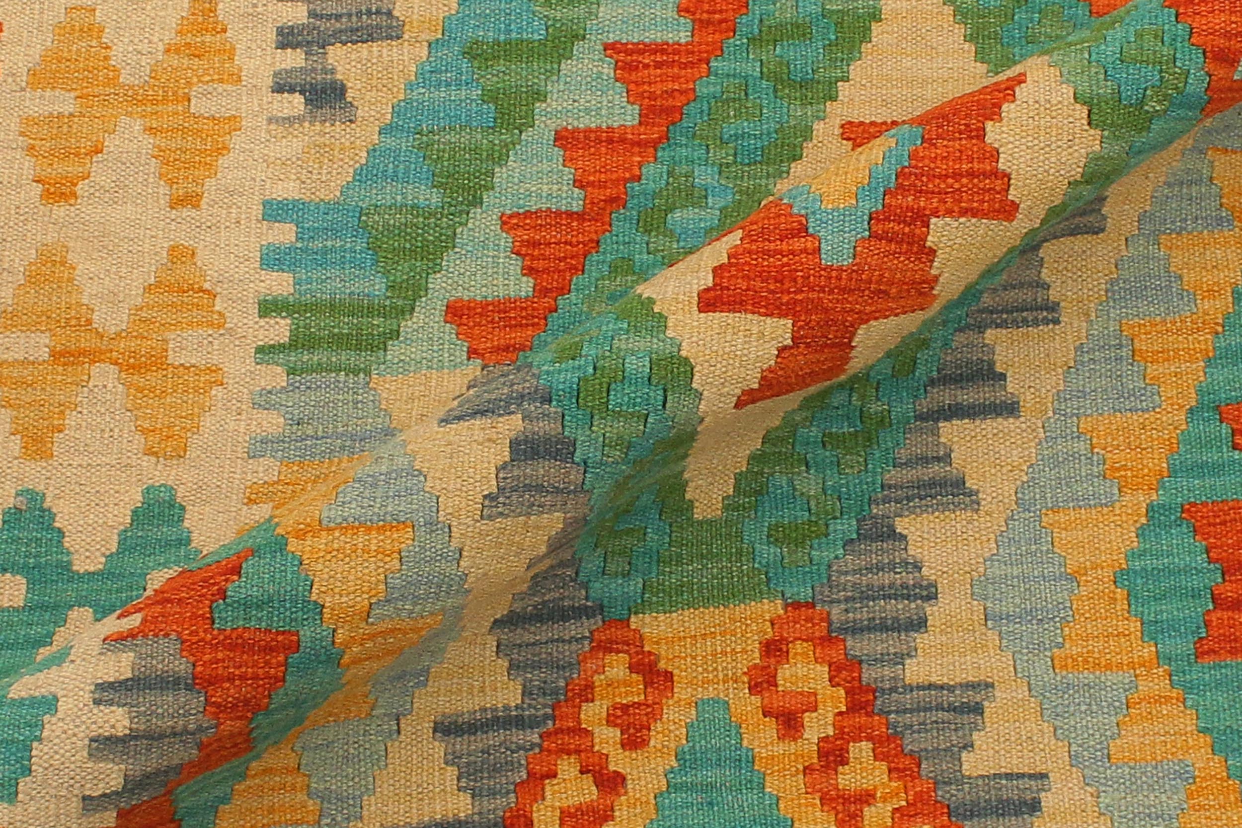 handmade Geometric Kilim Blue Beige Hand-Woven RUNNER 100% WOOL area rug 3' x 10'