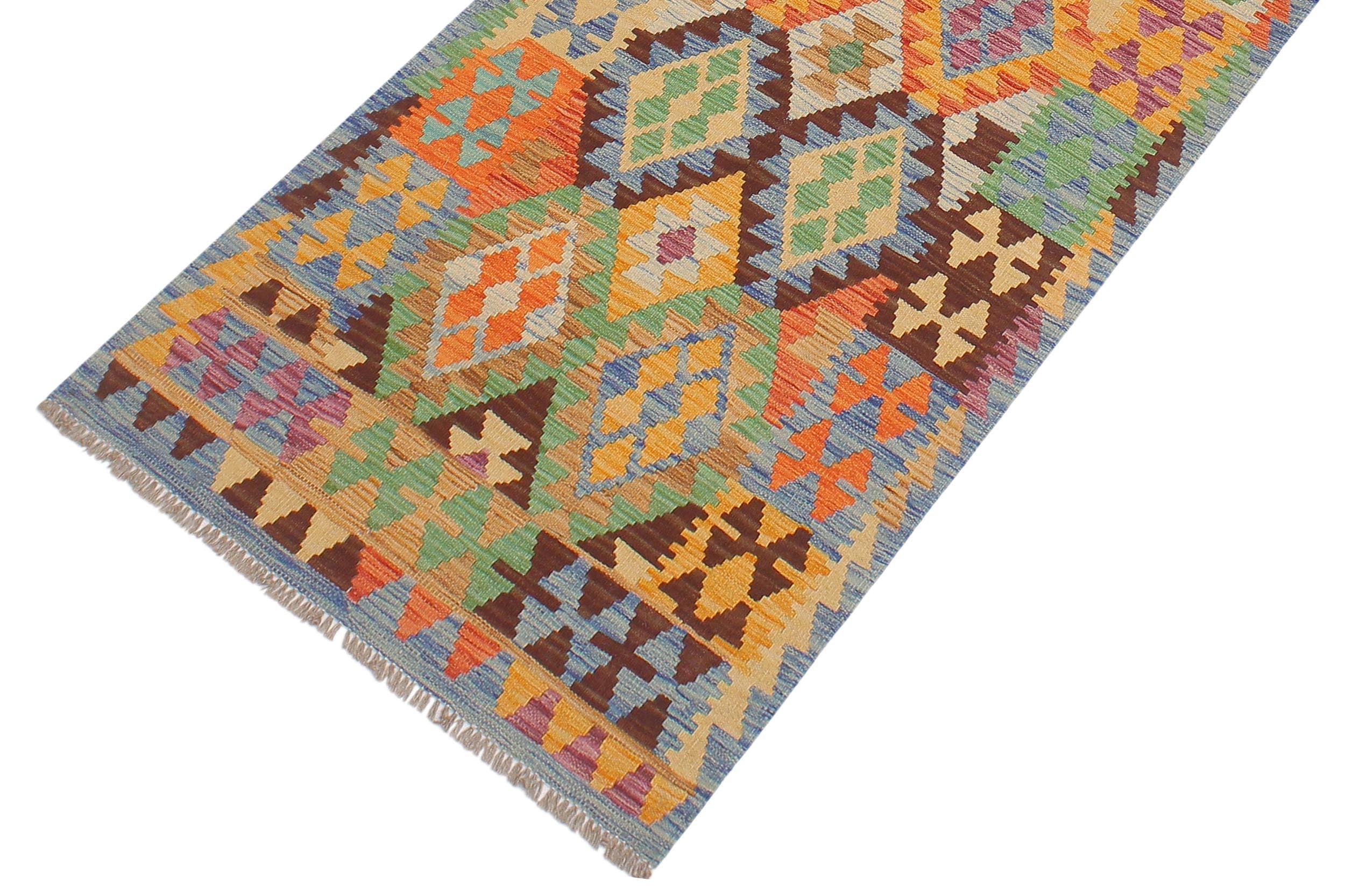 handmade Geometric Kilim Blue Rust Hand-Woven RUNNER 100% WOOL area rug 3 x 10