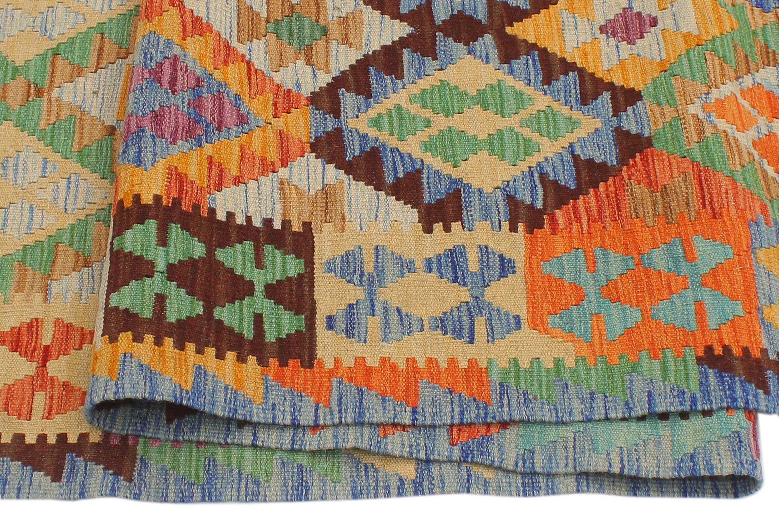 handmade Geometric Kilim Blue Rust Hand-Woven RUNNER 100% WOOL area rug 3 x 10