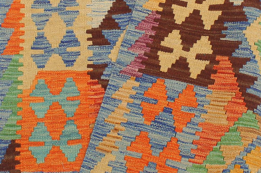Flat Weave Kilim Antique Navaho Vintage handmade Geometric Kilim Blue Rust Hand-Woven Runner 100% Wool Area Rug 3x10 